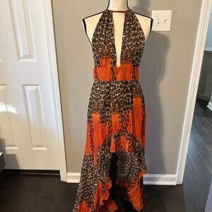 Fashion Nova Leopard Print Backless Dress with Orange Accents
